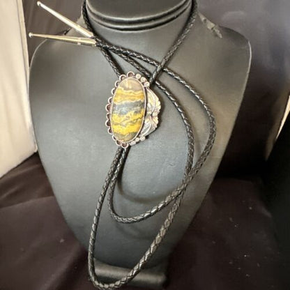Men's Yellow Bumblebee Jasper Bolo Tie | Navajo Sterling Silver | Authentic Native American Handmade | 15013