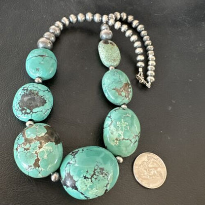 Navajo Blue Turquoise Chunky Pearls Necklace | Sterling Silver | 20" | Authentic Native American Handmade | 17496