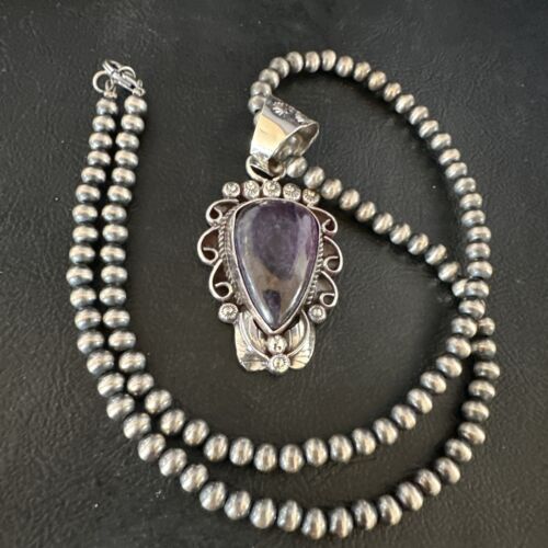 Navajo Pearls Purple Sugilite Pendant Necklace | Sterling Silver Beads | Authentic Native American Handmade | 15375