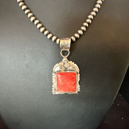 Navajo Red Spiny Oyster Pendant Necklace | Sterling Silver | Authentic Native American Handmade | 16148
