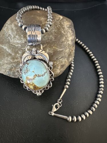 Navajo Blue Golden Hills Turquoise Pendant | Sterling Silver Pearls Necklace | Authentic Native American Handmade | 14994