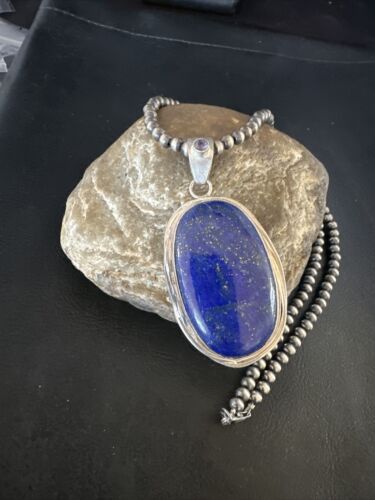 Men's Denim Lapis Lazuli Pendant Necklace | Navajo Beads | Sterling Silver | Authentic Native American Handmade | 15199