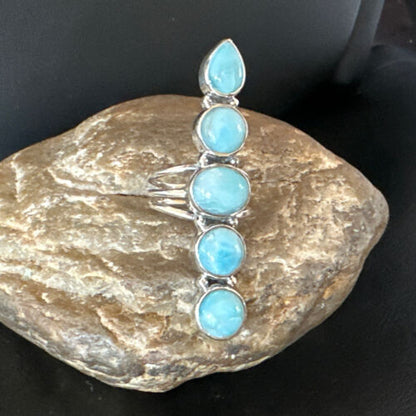 Navajo Women's Cluster Blue Larimar Ring | Authentic Native American Sterling Silver | Multi-Stone | Sz 7.5 | 16151