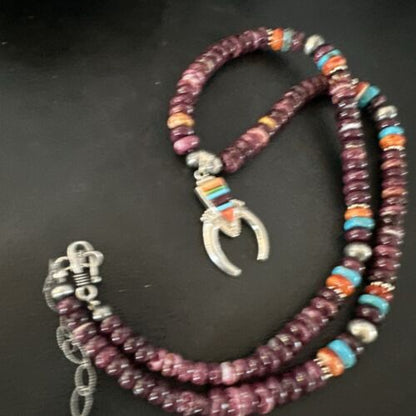 Navajo Purple Spiny Oyster Turquoise Naja Pendant Necklace | Sterling Silver | Authentic Native American Handmade | 16809