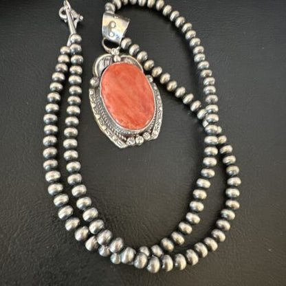 Navajo Red Spiny Oyster Pendant Necklace | Sterling Silver | Authentic Native American Handmade | 15632