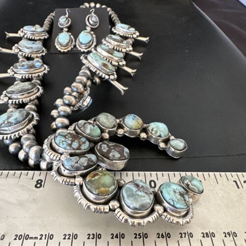 Navajo Blue Golden Hills Turquoise Squash Blossom Necklace & Earrings | Sterling Silver | 17210