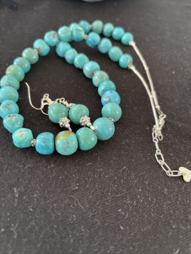 Navajo Blue Turquoise Earrings & Necklace Set | Sterling Silver | 20" | Authentic Native American Handmade | 01234