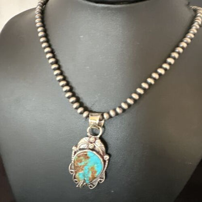 Navajo Blue Turquoise Pendant Necklace | Sterling Silver Pearls | Authentic Native American Handmade | 15652