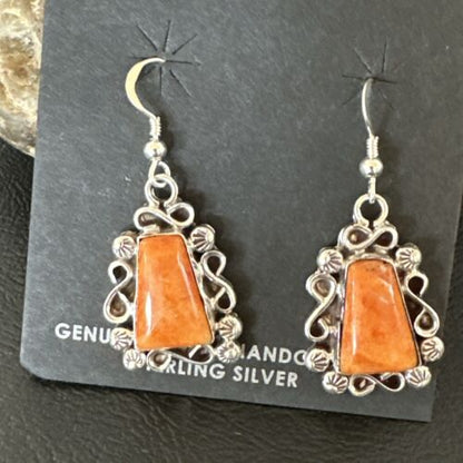 Navajo Orange Spiny Oyster Dangle Earrings | Sterling Silver | Authentic Native American Handmade | 17266