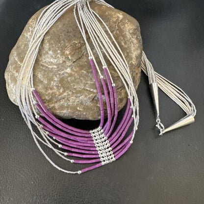 Navajo Sugilite 10-Strand Sterling Liquid Silver Tube Heishi Necklace 22" | Handmade | 16318