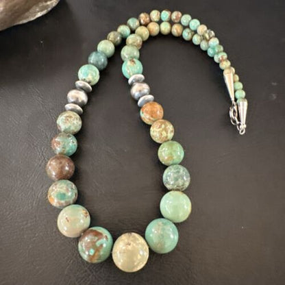Navajo Green Turquoise Bead Necklace | Sterling Silver | Graduated | Authentic Native American | 18" | 17402