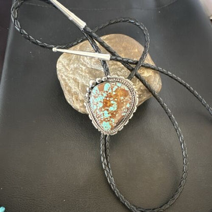 Men's Blue Turquoise #8 Bolo Tie | Navajo Sterling Silver | Authentic Native American Handmade | 16811