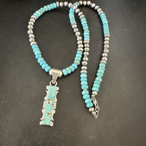 Turquoise #8 Inlay Pendant Necklace | Navajo Sterling Silver | Authentic Native American Handmade | 17072