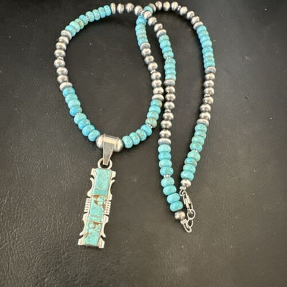 Turquoise #8 Inlay Pendant Necklace | Navajo Sterling Silver | Authentic Native American Handmade | 17072