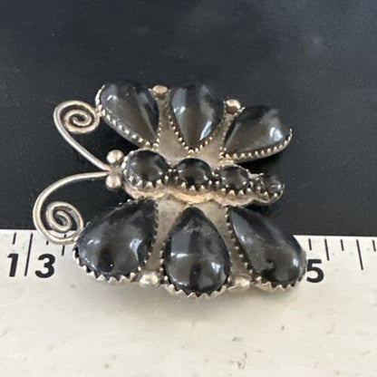 Navajo Black Onyx Butterfly Cluster Pin | Sterling Silver | Authentic Native American Handmade | 15168