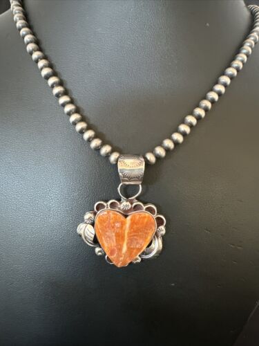 Navajo Orange Spiny Oyster Heart Pendant Necklace | Sterling Silver | Authentic Native American Handmade | 16425