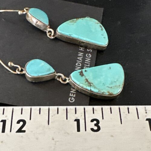 Navajo Blue Kingman Turquoise Dangle Earrings | Sterling Silver | Authentic Native American Handmade | 15102