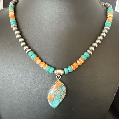 Navajo Spiny Turquoise Pendant Necklace | Sterling Silver | 21" | Authentic Native American Handmade | 17518