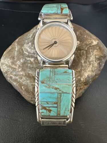 Navajo Men's Blue Turquoise Inlay Watch Tips Band | Sterling Silver | Multi-Stone | 17588