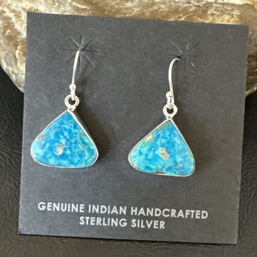 Blue Turquoise Dangle Earrings | Sterling Silver | 1" | Authentic Native American Handmade | 15802