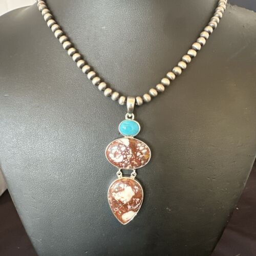 Navajo Wild Horse Blue Kingman Turquoise Necklace | Sterling Silver | 17321