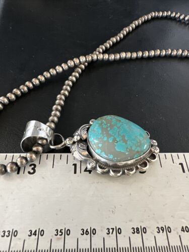 Navajo Pearls Sterling Silver Necklace with Blue Turquoise #8 Pendant | Authentic Native American Handmade | 14858