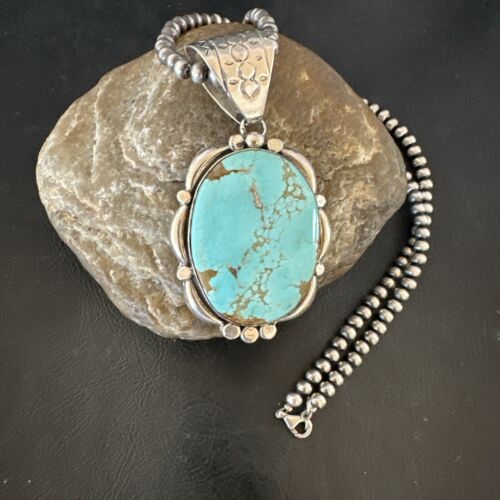 Navajo Blue Turquoise #8 Pendant | Sterling Silver Pearls Necklace | Authentic Native American Handmade | 17169