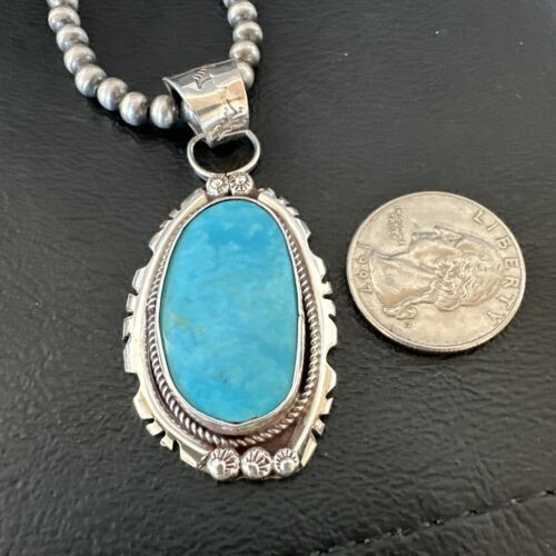 Navajo Pearls Kingman Turquoise Pendant Necklace | Sterling Silver | Authentic Native American Handmade | 17133