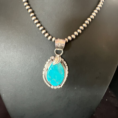 Men's Blue Kingman Turquoise Pendant Necklace | Navajo Pearls | Sterling Silver | 16019
