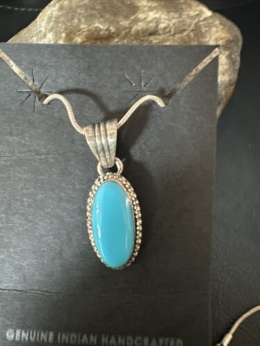 Navajo Blue Turquoise Pendant Necklace | Sterling Silver Chain | Authentic Native American Handmade | 20" | 12601