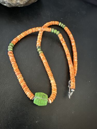 Navajo Green Turquoise & Orange Spiny Oyster Pendant | Sterling Silver | Authentic Native American Handmade | 17484