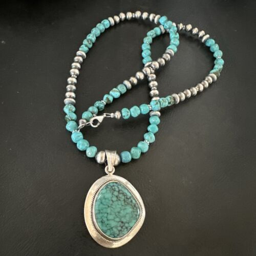 Men's Blue Spiderweb Turquoise Pendant Necklace | Navajo Sterling Silver | Authentic Native American Handmade | 17085