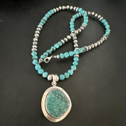 Men's Blue Spiderweb Turquoise Pendant Necklace | Navajo Sterling Silver | Authentic Native American Handmade | 17085