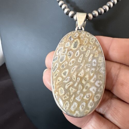 Navajo Champagne Fossil Coral Pendant Necklace | Sterling Silver Beads | Native American Handmade | 16371