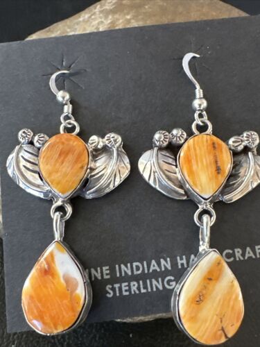 Navajo Orange Spiny Oyster Dangle Earrings | Sterling Silver | 1.5" | Authentic Native American Handmade | 16576