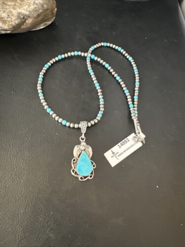 Navajo Pearls Kingman Turquoise Pendant Necklace | Sterling Silver | Authentic Native American Handmade | 14893