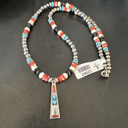 Navajo Turquoise Spiny Oyster Inlay Pendant Necklace | Sterling Silver | Authentic Native American Handmade | 13562