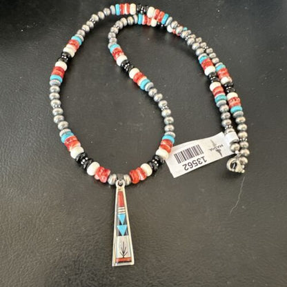 Navajo Turquoise Spiny Oyster Inlay Pendant Necklace | Sterling Silver | Authentic Native American Handmade | 13562