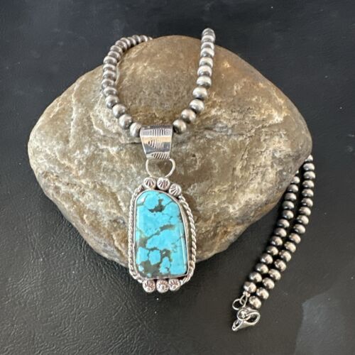Men's Blue Spiderweb Turquoise Pendant Necklace | Navajo Sterling Silver | Authentic Native American Handmade | 17118