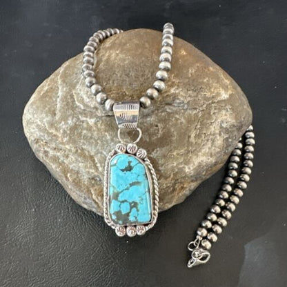 Men's Blue Spiderweb Turquoise Pendant Necklace | Navajo Sterling Silver | Authentic Native American Handmade | 17118