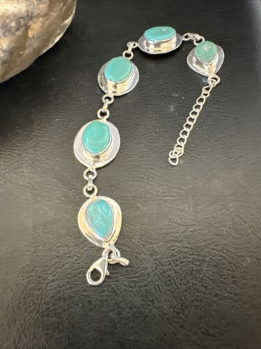 Navajo Blue Turquoise Link Bracelet | Sterling Silver | 9" | Authentic Native American Handmade | 17638