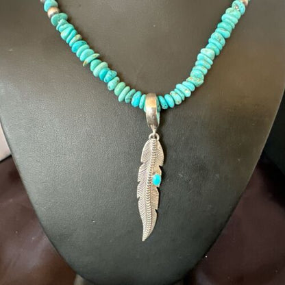 Navajo Blue Turquoise Leaf Pendant | Sterling Silver Pearls Necklace | 21" | Authentic Native American Handmade | 17540
