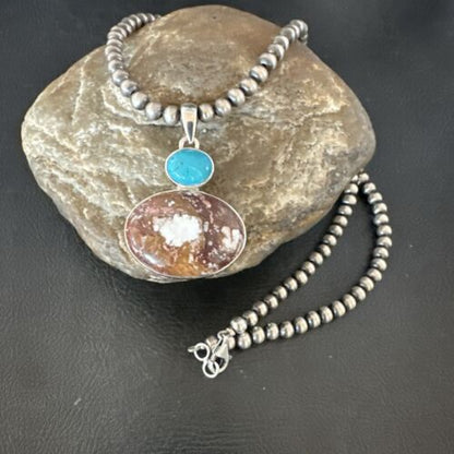 Navajo Wild Horse Blue Kingman Turquoise Necklace | Sterling Silver | 17337