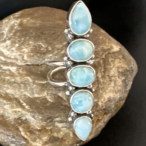 Navajo Women's Cluster Blue Larimar Ring | Authentic Native American Sterling Silver | Multi-Stone | Sz 7.5 | 16150