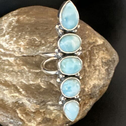 Navajo Women's Cluster Blue Larimar Ring | Authentic Native American Sterling Silver | Multi-Stone | Sz 7.5 | 16150