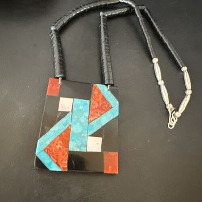 Navajo Blue Turquoise Black Onyx Necklace | Sterling Silver | 21" | Authentic Native American Handmade | 15766