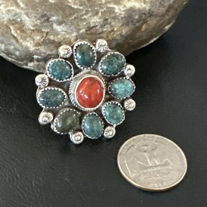 Navajo Blue Spiderweb Turquoise Coral Cluster Ring | Authentic Native American Sterling Silver | Multi-Stone | Sz 9.5 | 17182