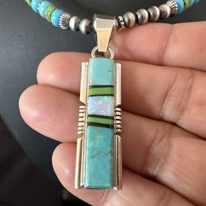 Navajo Green Gaspeite Turquoise Inlay Pendant Necklace | Sterling Silver | Authentic Native American Handmade | 16013