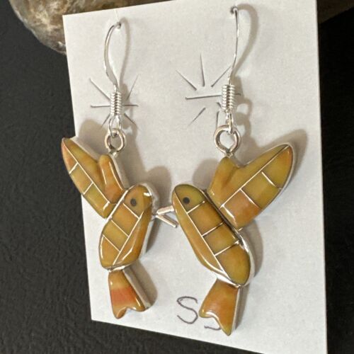 Navajo Orange Spiny Oyster Hummingbird Dangle Earrings | Sterling Silver | Authentic Native American Handmade | 15089