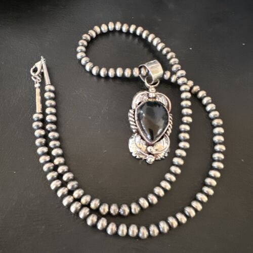 Native American Men's Pendant | Navajo Pearls | Sterling Silver Black Onyx Necklace | 16132